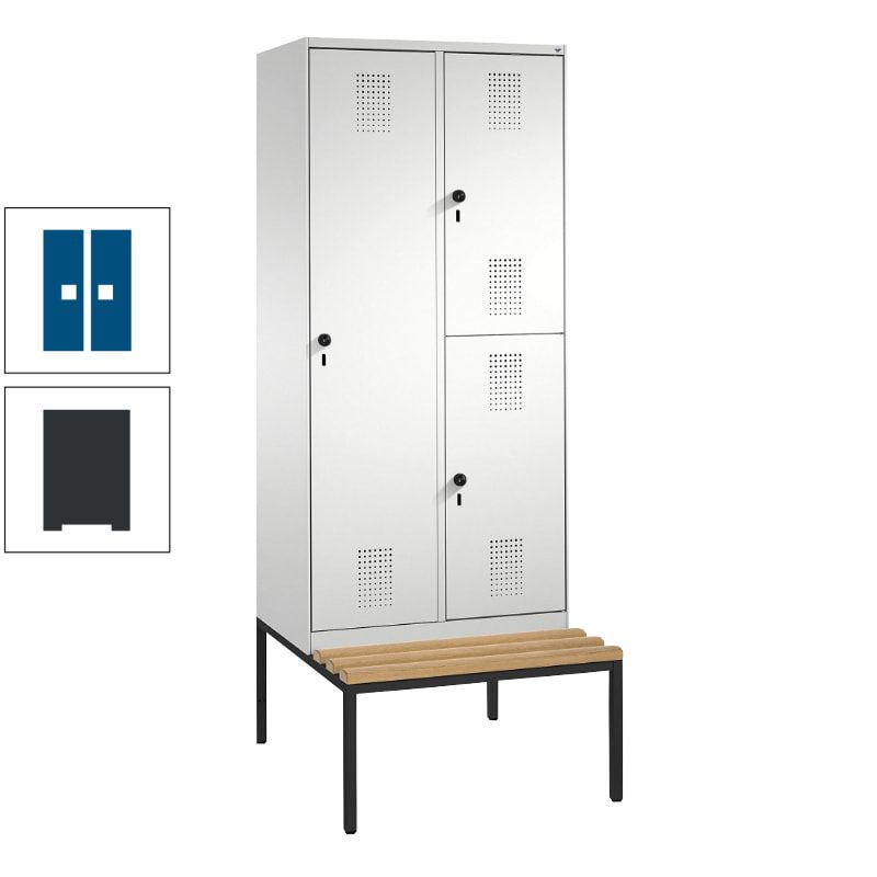 Garderobenschrank, Spind ein- und doppelstöckig Sitzbank, 2 Abteile, 3 Fächer, 2.090 x 800 x 500 mm (HxBxT), Front anthrazitgrau, Korpus anthrazitgrau