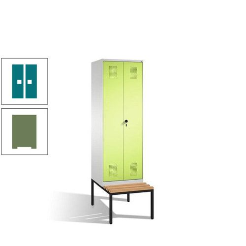 Doppel-Spind, Garderobenschrank, Buche Sitzbank untergebaut, 2 Abteile a 300 mm, Korpus anthrazitgrau, Tür anthrazitgrau, 2.090 x 600 x 815 mm (HxBxT)