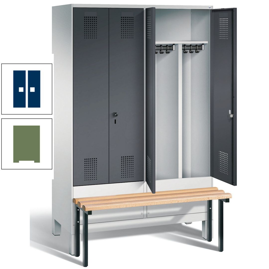 Doppel-Spind, Garderobenschrank, Buche Sitzbank vorgebaut, 4 Abteile a 300 mm, Korpus feuerrot, Tür Wasserblau, 1.850 x 1.200 x 815 mm (HxBxT)