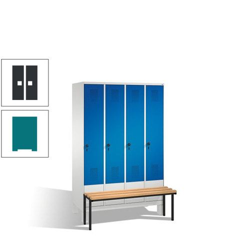 Stahl-Garderobenschrank, Spind, Buche Sitzbank vorgebaut, 4 Abteile a 300 mm, Korpus Lichtgrün, Tür Schwefelgelb, 1.850 x 1.200 x 815 mm (HxBxT)