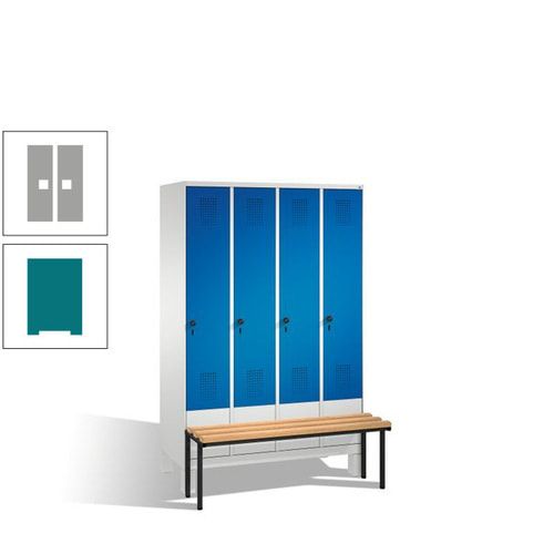 Stahl-Garderobenschrank, Spind, Buche Sitzbank vorgebaut, 4 Abteile a 300 mm, Korpus Lichtgrün, Tür Schwefelgelb, 1.850 x 1.200 x 815 mm (HxBxT)