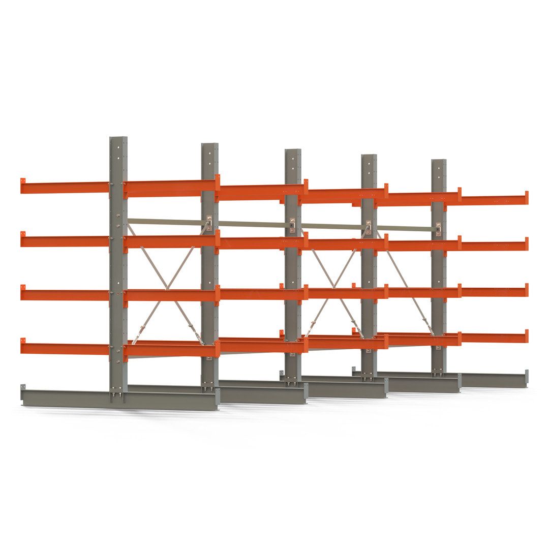 Doppelseitiges Kragarmregal, 2 Felder, 2.000 x 2.560 x 1.120 mm (HxBxT), Nutztiefe 500 mm, Kragarmlast 870 kg, KARL basic, silbergrau/reinorange