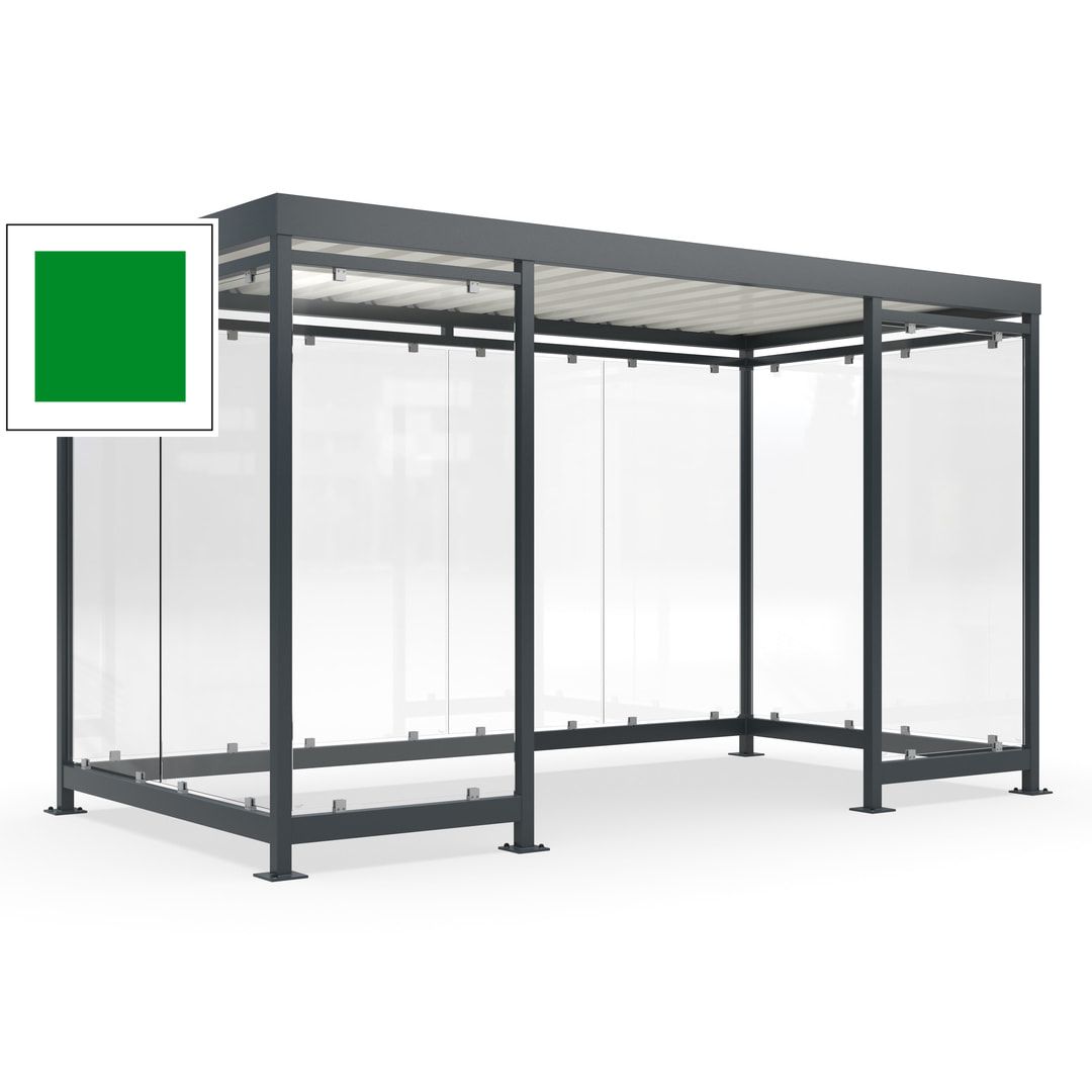 Fahrgastunterstand, Raucherunterstand, fertig montiert, Aufdübeln, 12-13 Personen, 2.510 x 4.195 x 2.165 mm (HxBxT), 10 Wände, Achatgrau