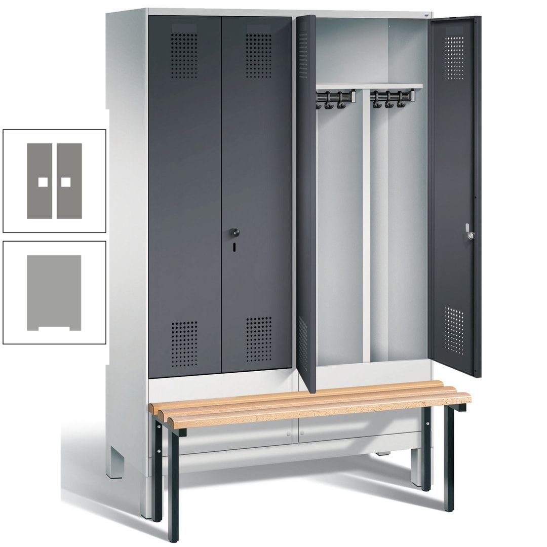 Doppel-Spind, Garderobenschrank, Buche Sitzbank vorgebaut, 4 Abteile a 300 mm, Korpus feuerrot, Tür Wasserblau, 1.850 x 1.200 x 815 mm (HxBxT)