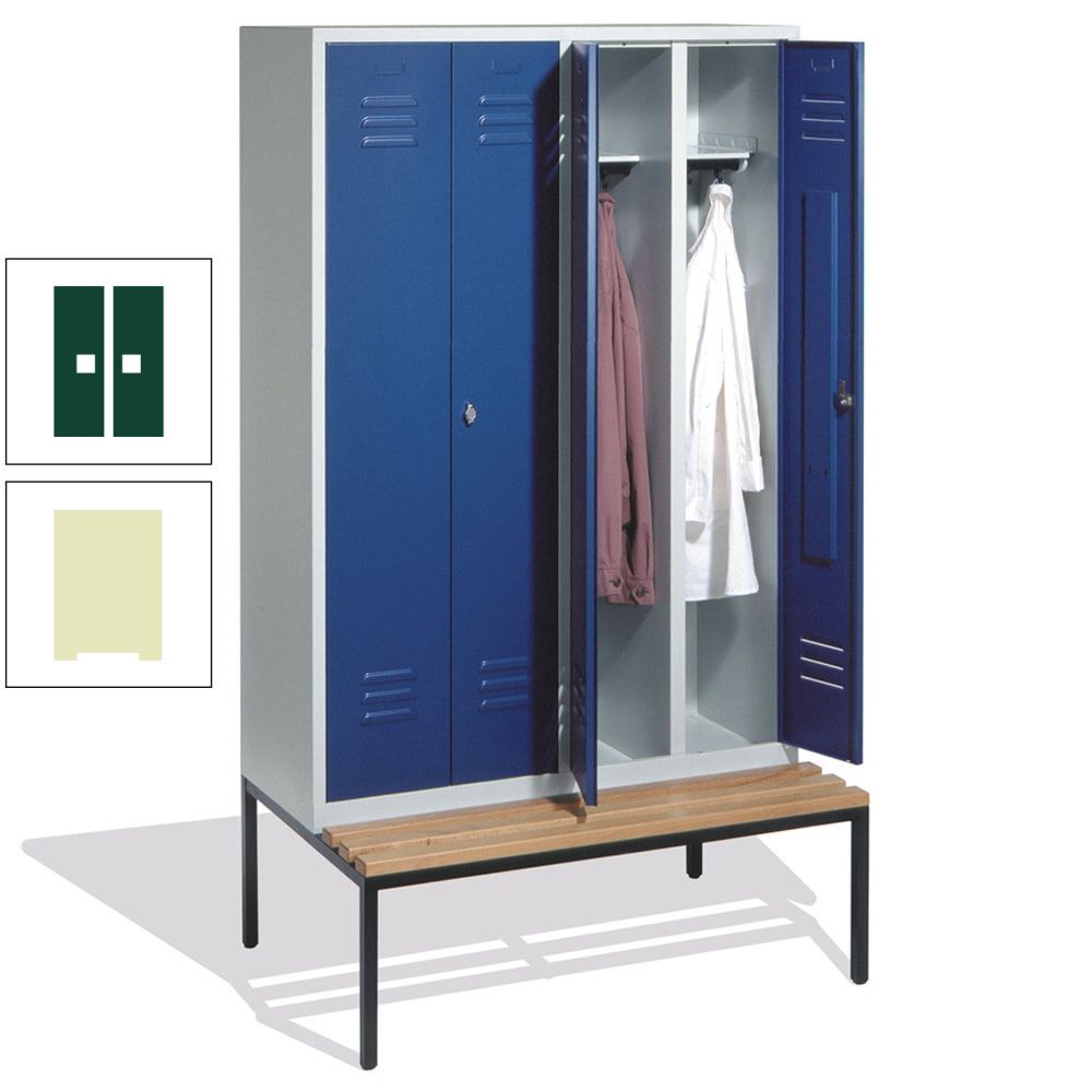 Doppel-Spindschrank, Buche Sitzbank untergebaut, 4 Abteile a 300 mm, Korpus lichtgrau, Tür anthrazitgrau, 2.090 x 1.190 x 815 mm (HxBxT)