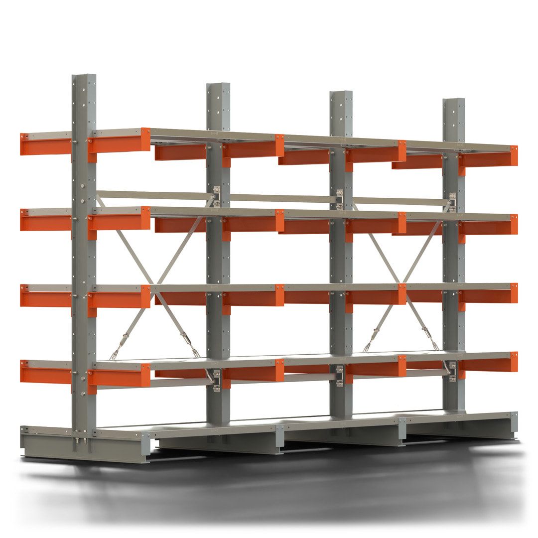 Doppelseitiges Kragarmregal mit Fachböden, 2 Felder, 2.000 x 2.000 (HxB), Nutztiefe 1.000 mm, Kragarmlast 450 kg, KARL basic, silbergrau/reinorange