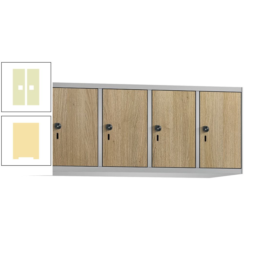 Aufsatzschrank, Schrankaufsatz, 4 Fächer a 300 mm, Farbe Pastellgelb, Tür anthrazitgrau, 500 x 1.200 x 500 mm (HxBxT)