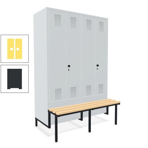 Doppel-Spind, Garderobenschrank, Buche Sitzbank integriert, 4 Abteile 300 mm, Korpus anthrazitgrau, Tür anthrazitgrau, 1.850 x 1.200 x 815 mm (HxBxT)