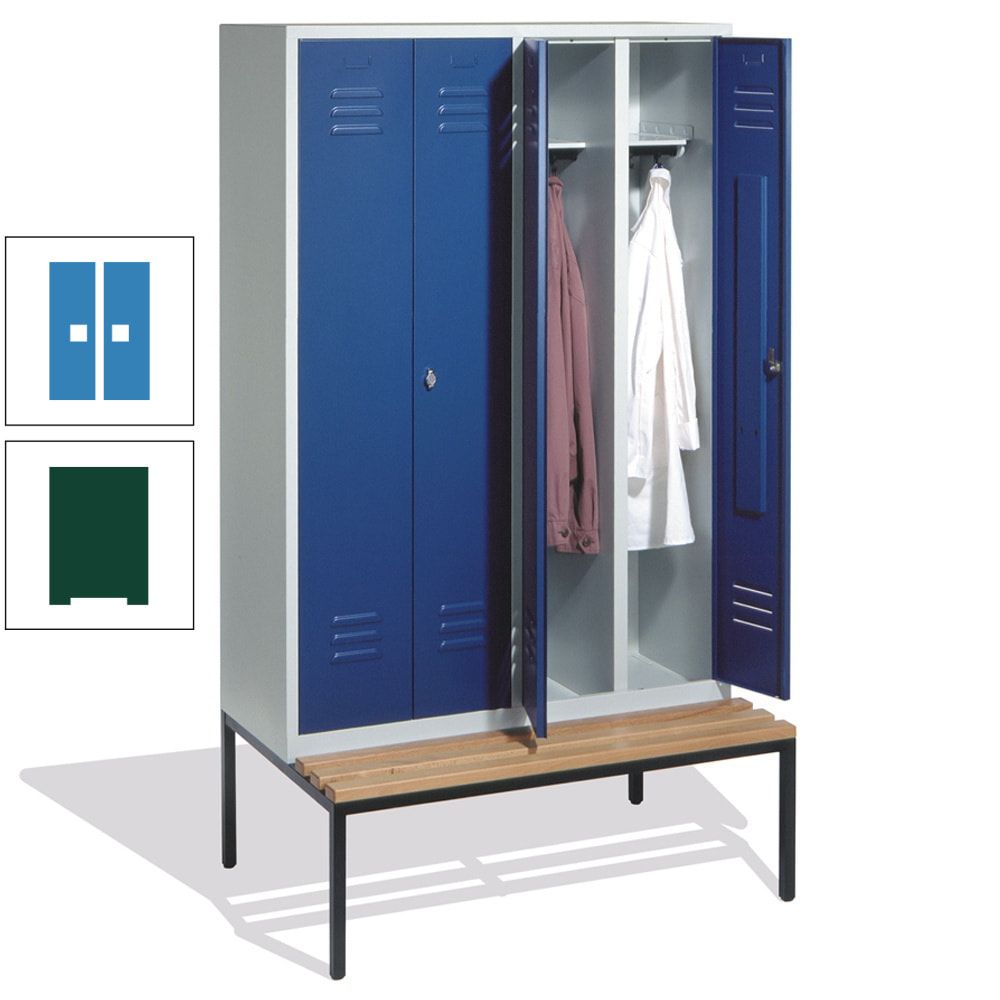 Doppel-Spindschrank, Buche Sitzbank untergebaut, 4 Abteile a 300 mm, Korpus lichtgrau, Tür anthrazitgrau, 2.090 x 1.190 x 815 mm (HxBxT)