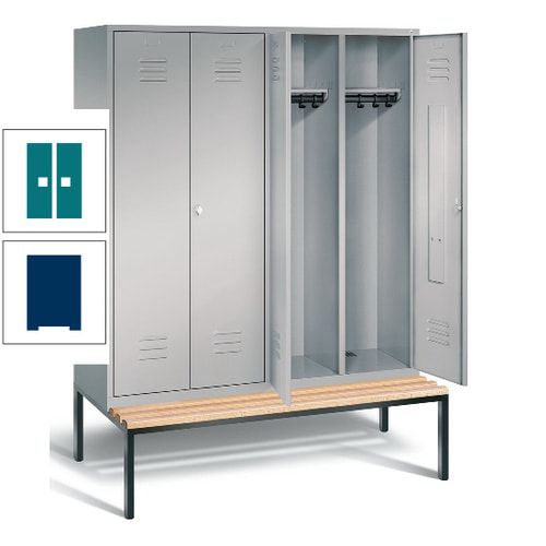Doppel-Spindschrank, Buche Sitzbank untergebaut, 4 Abteile a 400 mm, Korpus lichtgrau, Tür anthrazitgrau, 2.090 x 1.590 x 815 mm (HxBxT)