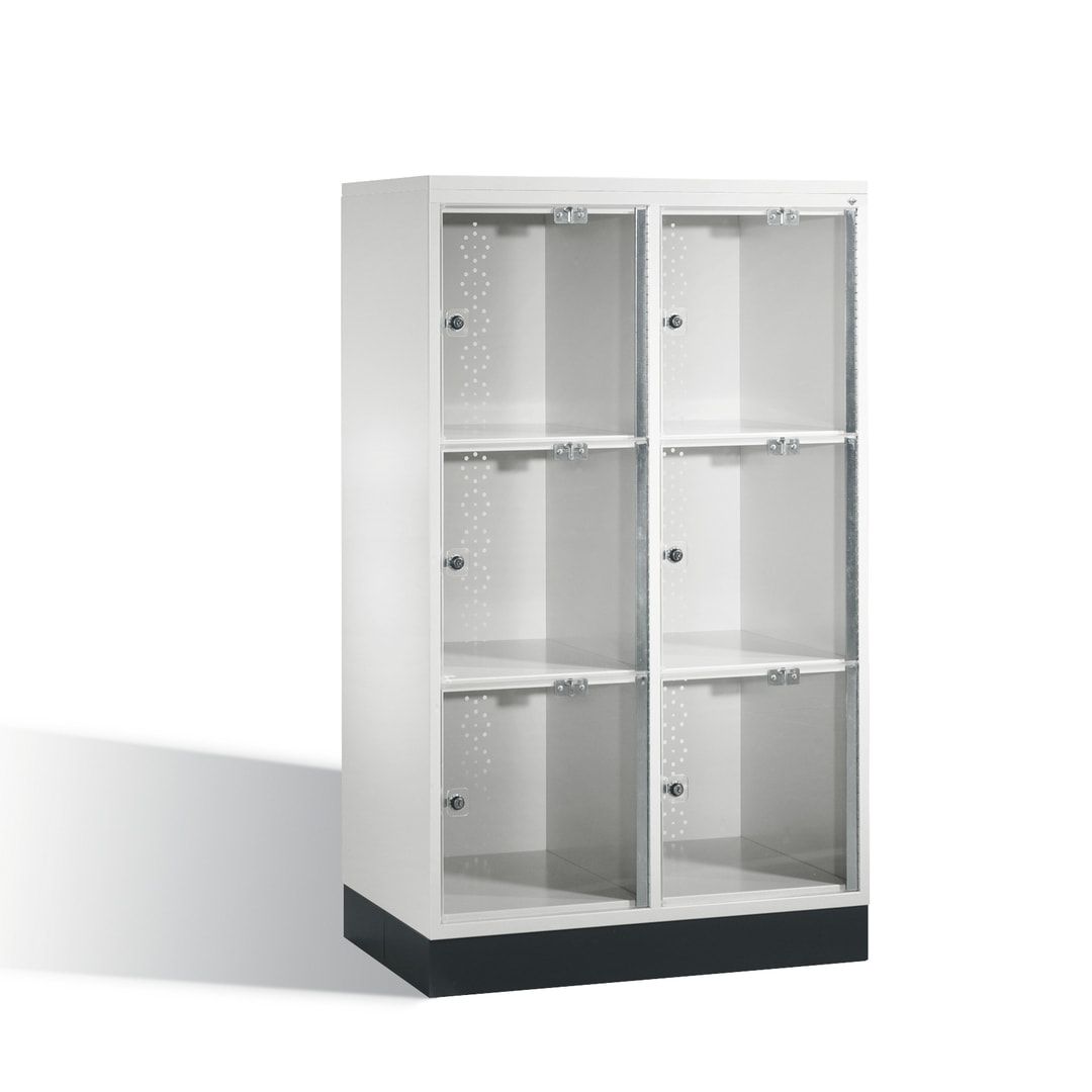 Schließfachschrank, Fächerschrank mit Türen aus Acrylglas, 2 Abteile, 6 Fächer, Zylinderschloss, 1.370 x 820 x 500 mm (HxBxT), Korpus anthrazitgrau
