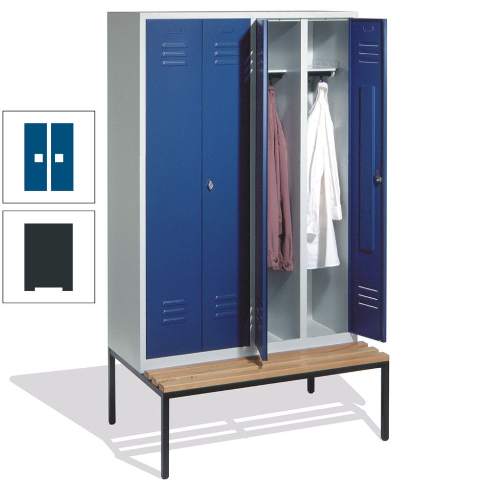 Doppel-Spindschrank, Buche Sitzbank untergebaut, 4 Abteile a 300 mm, Korpus lichtgrau, Tür anthrazitgrau, 2.090 x 1.190 x 815 mm (HxBxT)