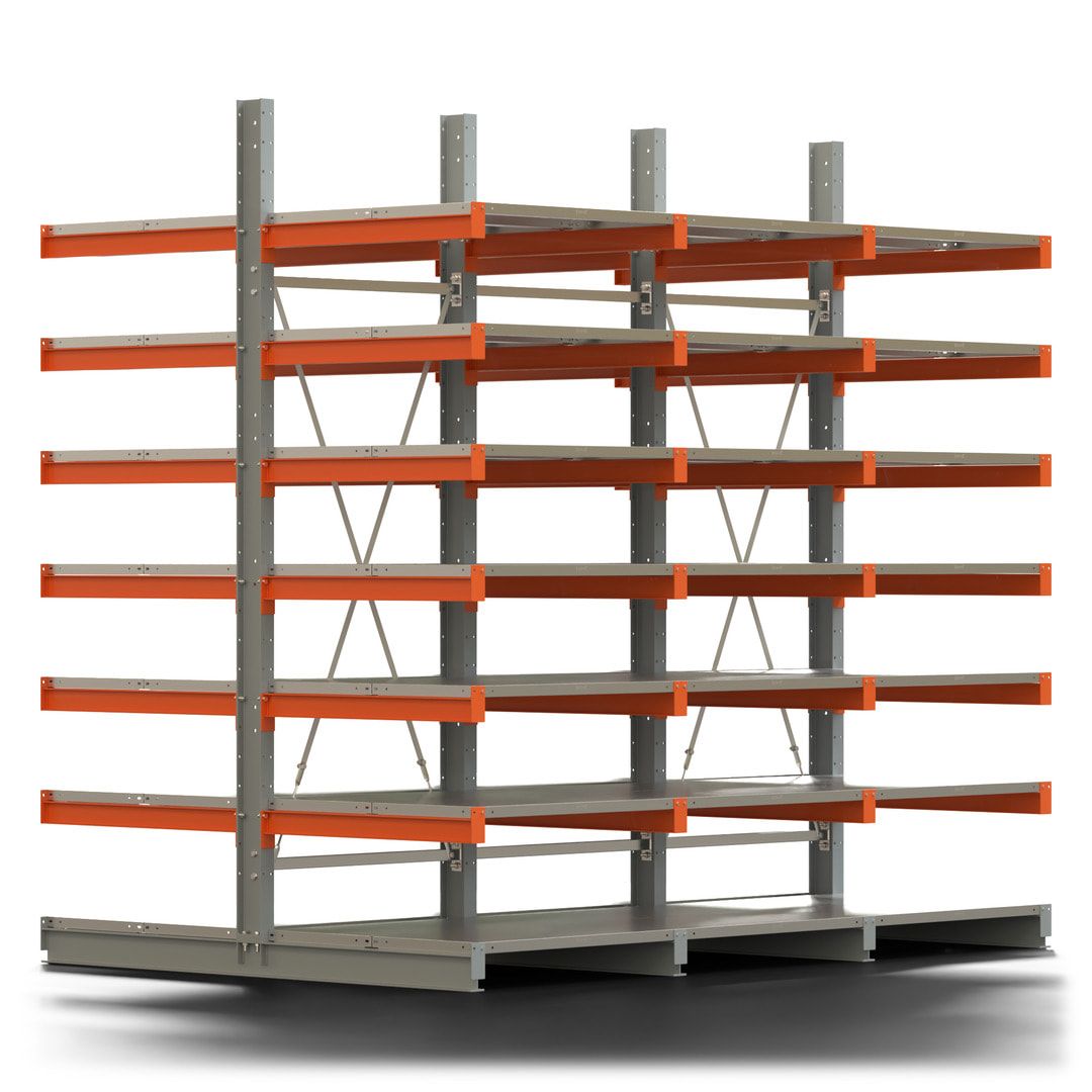 Doppelseitiges Kragarmregal mit Fachböden, 2 Felder, 3.000 x 2.000 (HxB), Nutztiefe 1.000 mm, Kragarmlast 450 kg, KARL basic, silbergrau/reinorange