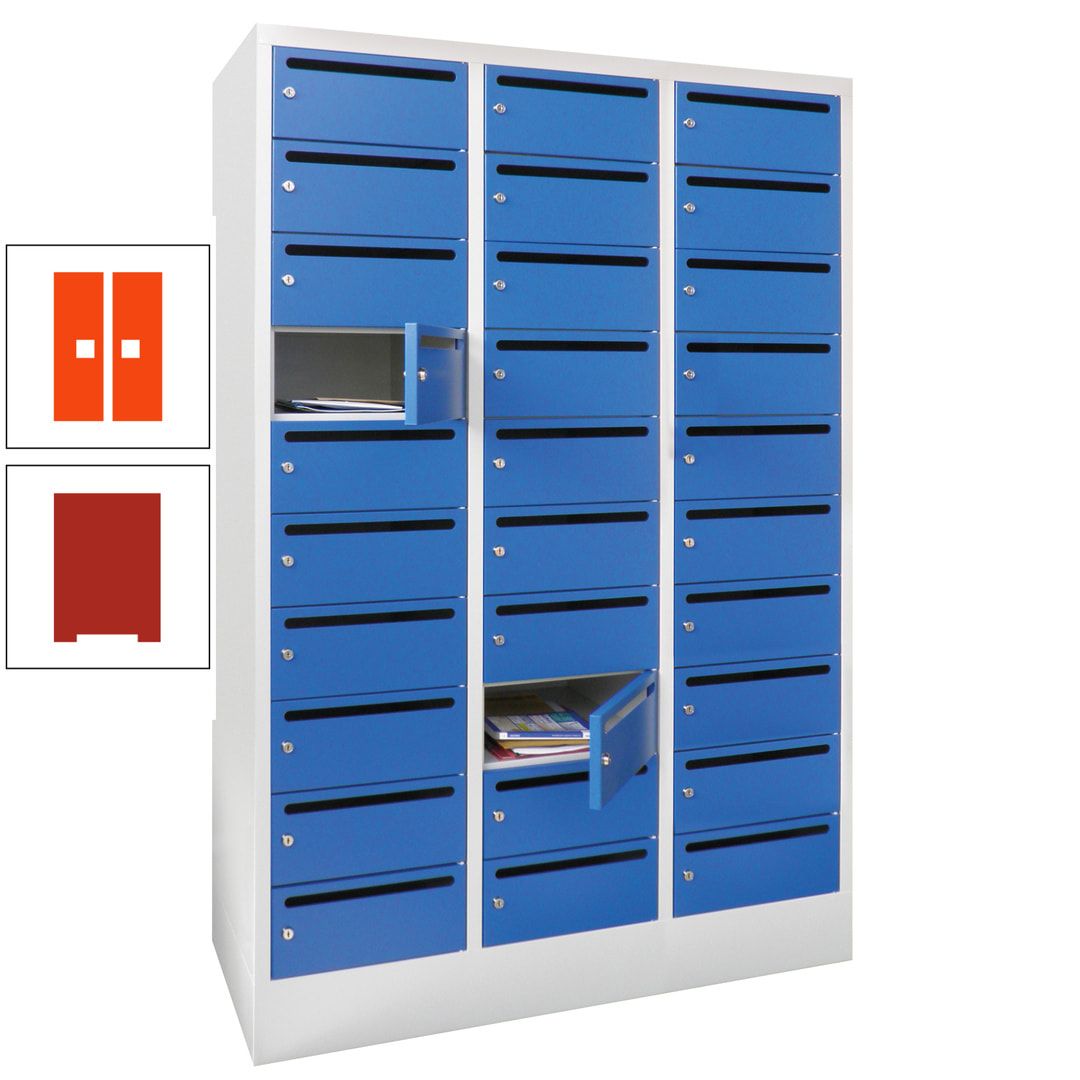 Postverteilerschrank, Schließfachschrank, 3 Abteile a 300 mm, 30 Fächer, 1.850 x 900 x 500 mm (HxBxT), Korpus anthrazitgrau, Front anthrazitgrau