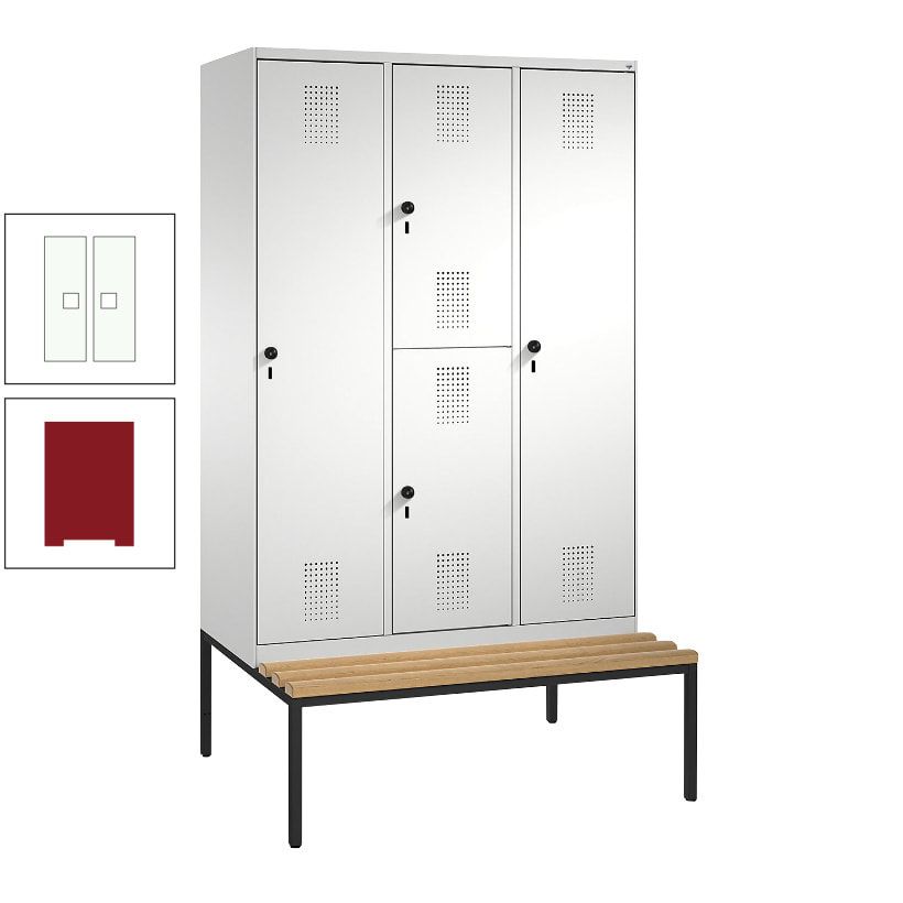 Garderobenschrank, Spind ein- und doppelstöckig Sitzbank, 3 Abteile, 4 Fächer, 2.090x1.200x500 mm (HxBxT), Front anthrazitgrau, Korpus anthrazitgrau