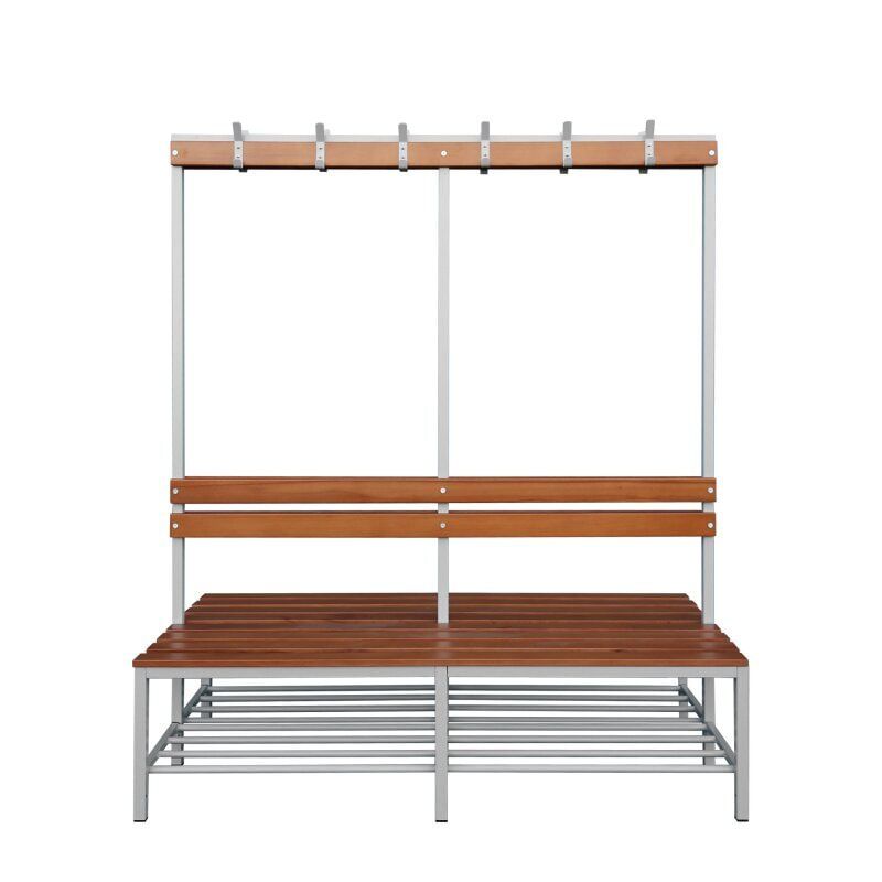Umkleidebank, doppelseitig, Schuhrost, Haken, Breite 1.200 mm, Sitzhöhe 400 mm, Stahl mit Holzleisten, Gestell: lichtgrau, Sitzleisten: Buche