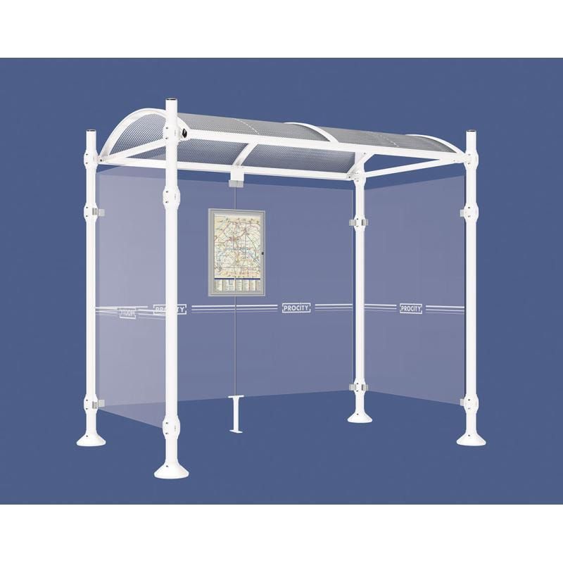 Buswartehalle, Unterstand, 2 Seitenwände, Kopf gebürsteter Edelstahl, ESG, Fahrplanschaukasten, 2.500 x 2.500 x 1.600 mm (HxBxT), Farbe enzianblau
