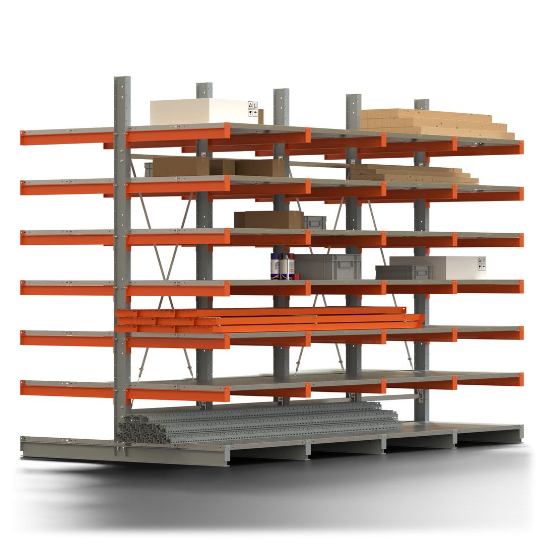Doppelseitiges Kragarmregal mit Fachböden, 2 Felder, 3.000 x 2.000 (HxB), Nutztiefe 1.000 mm, Kragarmlast 450 kg, KARL basic, silbergrau/reinorange