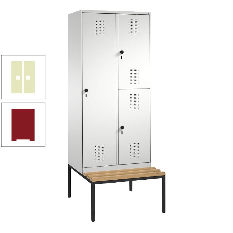 Garderobenschrank, Spind ein- und doppelstöckig Sitzbank, 2 Abteile, 3 Fächer, 2.090 x 800 x 500 mm (HxBxT), Front anthrazitgrau, Korpus anthrazitgrau