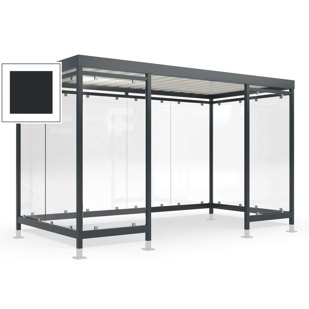 Raucherunterstand für 12-13 Personen, Bushaltestelle, mit Überpflasterung, 2.440 x 4.195 x 2.165 mm (HxBxT), 10 Wände, Achatgrau