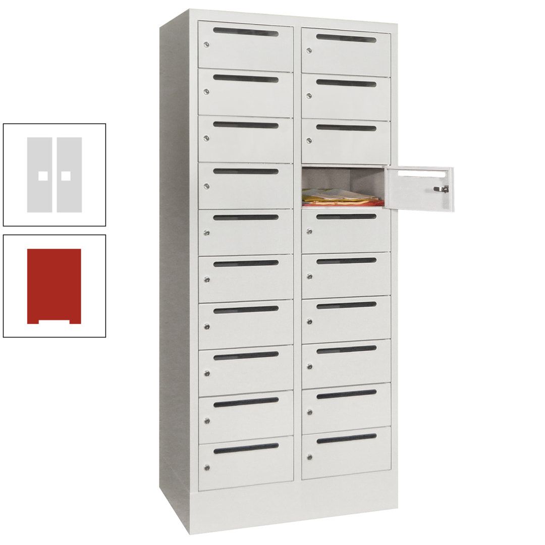 Postverteilerschrank, Schließfachschrank, 2 Abteile a 400 mm, 20 Fächer, 1.850 x 800 x 500 mm (HxBxT), Korpus anthrazitgrau, Front anthrazitgrau