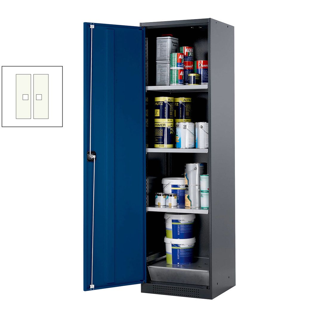 Chemikalienschrank - Flügeltür, enzianblau - Türanschlag links - 3 Fachböden - Gitterrost - 1.950 x 545 x 520 mm (HxBxT)