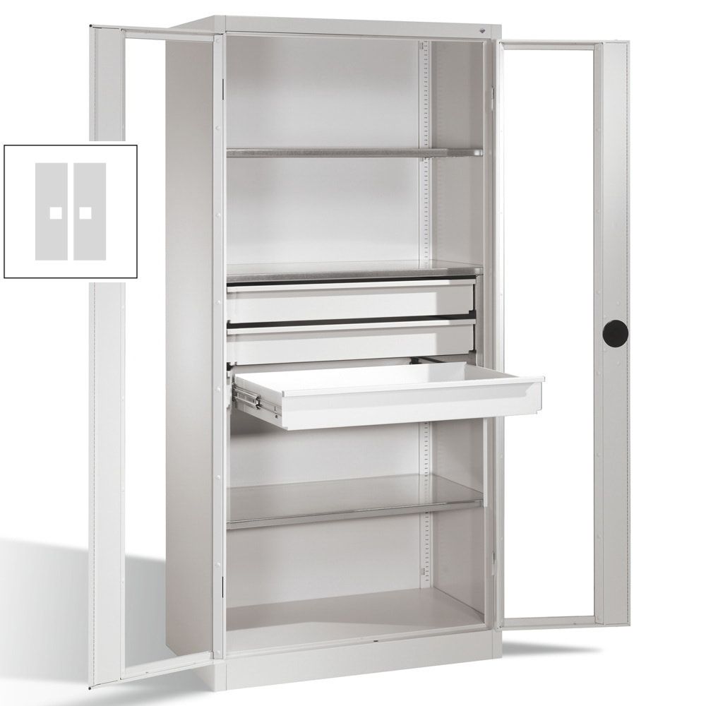 C+P Großraum Werkzeugschrank mit Sichtfenstertüren, 3 Fachböden, 3 Schubladen mittig, Farbe lichtgrau, 1.950 x 930 x 500 (HxBxT)