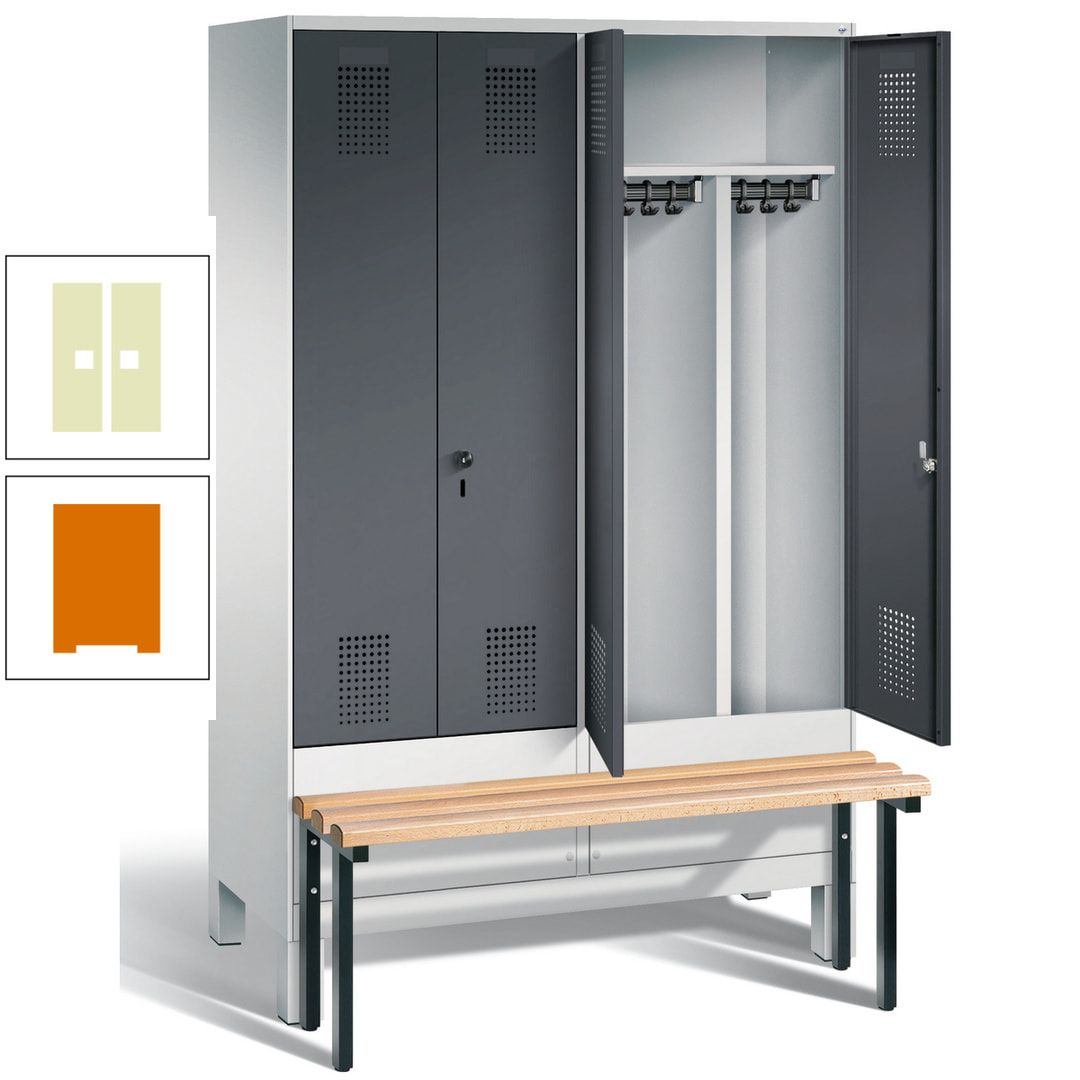 Doppel-Spind, Garderobenschrank, Buche Sitzbank vorgebaut, 4 Abteile a 300 mm, Korpus feuerrot, Tür Wasserblau, 1.850 x 1.200 x 815 mm (HxBxT)