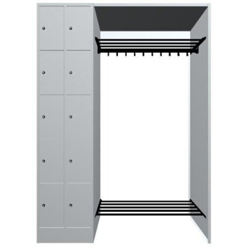 Garderobenanlage, Offene Garderobe mit Spindschrank, 10 Fächer, links, Korpusfarbe lichtgrau, Türfarbe enzianblau, 1.950 x 1.410 x 480 mm (HxBxT)