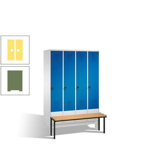 Stahl-Garderobenschrank, Spind, Buche Sitzbank vorgebaut, 4 Abteile a 300 mm, Korpus Lichtgrün, Tür Schwefelgelb, 1.850 x 1.200 x 815 mm (HxBxT)