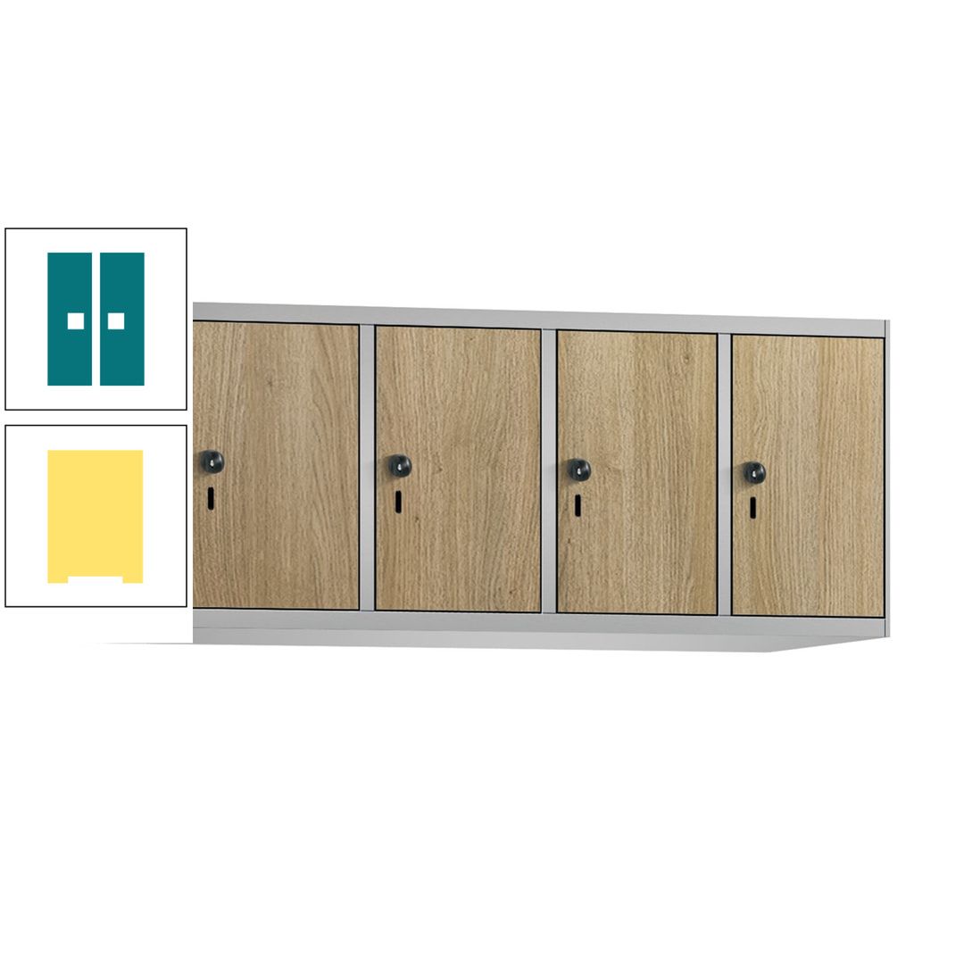 Aufsatzschrank, Schrankaufsatz, 4 Fächer a 300 mm, Farbe Pastellgelb, Tür anthrazitgrau, 500 x 1.200 x 500 mm (HxBxT)