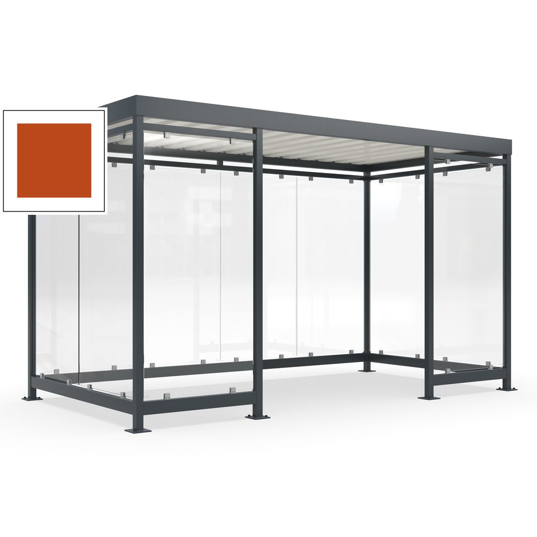 Fahrgastunterstand, Raucherunterstand, fertig montiert, Aufdübeln, 12-13 Personen, 2.510 x 4.195 x 2.165 mm (HxBxT), 10 Wände, Achatgrau