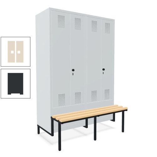Doppel-Spind, Garderobenschrank, Buche Sitzbank integriert, 4 Abteile 300 mm, Korpus anthrazitgrau, Tür anthrazitgrau, 1.850 x 1.200 x 815 mm (HxBxT)