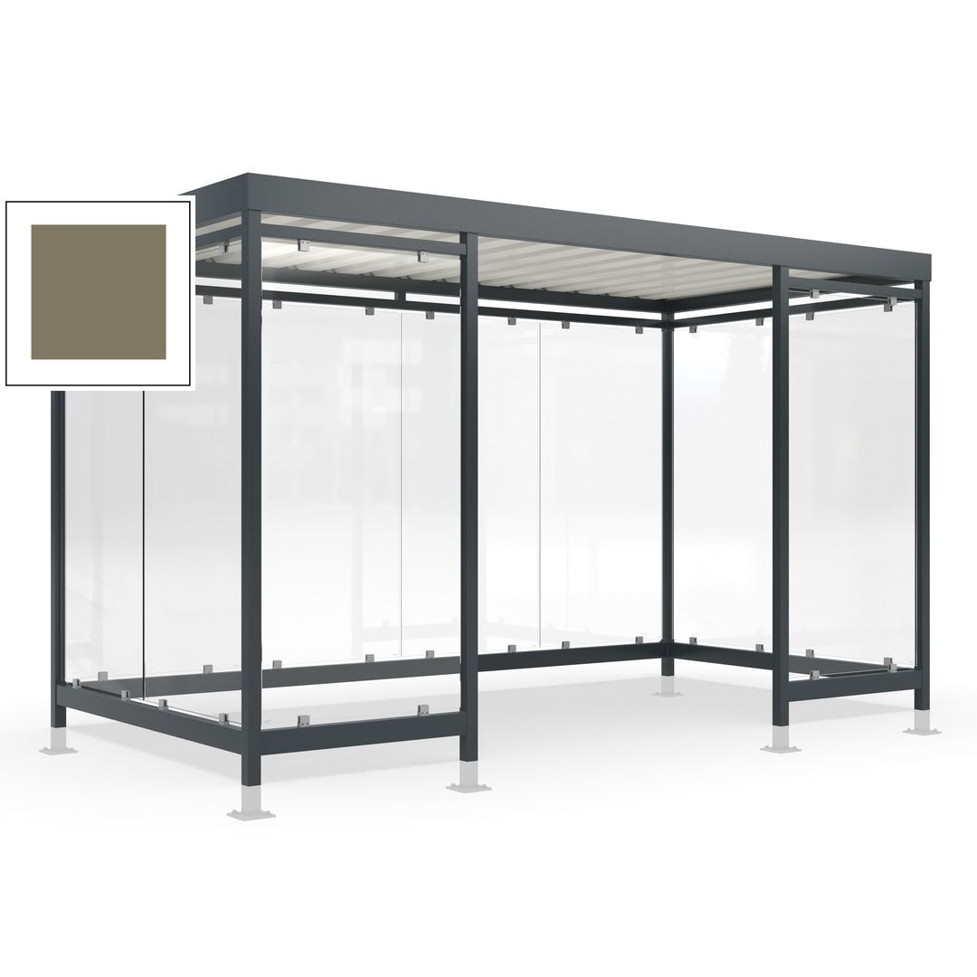 Raucherunterstand für 12-13 Personen, Bushaltestelle, mit Überpflasterung, 2.440 x 4.195 x 2.165 mm (HxBxT), 10 Wände, Achatgrau
