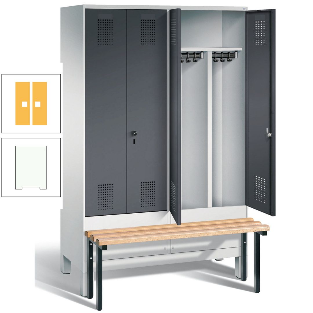 Doppel-Spind, Garderobenschrank, Buche Sitzbank vorgebaut, 4 Abteile a 300 mm, Korpus feuerrot, Tür Wasserblau, 1.850 x 1.200 x 815 mm (HxBxT)
