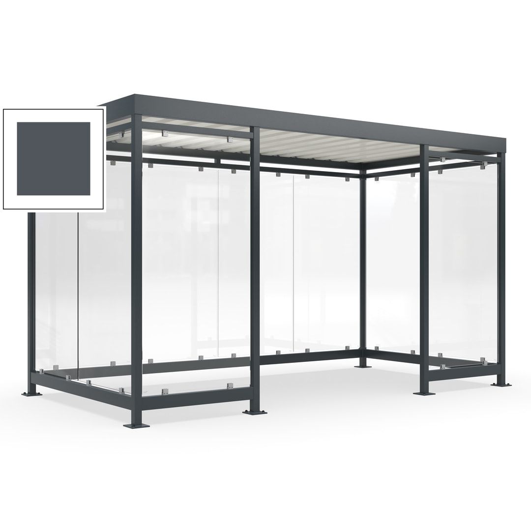 Fahrgastunterstand, Raucherunterstand, fertig montiert, Aufdübeln, 12-13 Personen, 2.510 x 4.195 x 2.165 mm (HxBxT), 10 Wände, Achatgrau