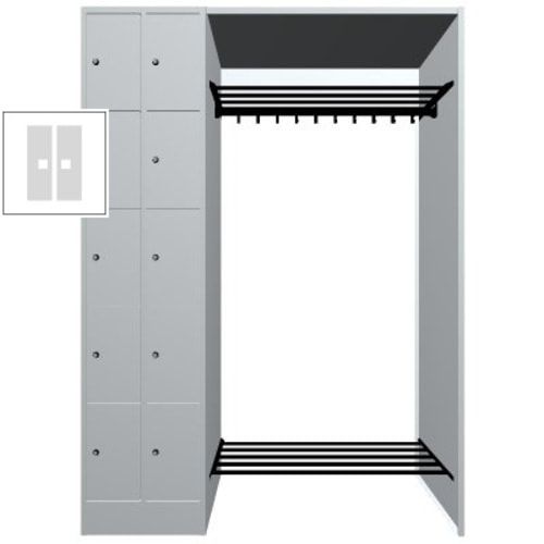 Garderobenanlage, Offene Garderobe mit Spindschrank, 10 Fächer, links, Korpusfarbe lichtgrau, Türfarbe enzianblau, 1.950 x 1.410 x 480 mm (HxBxT)