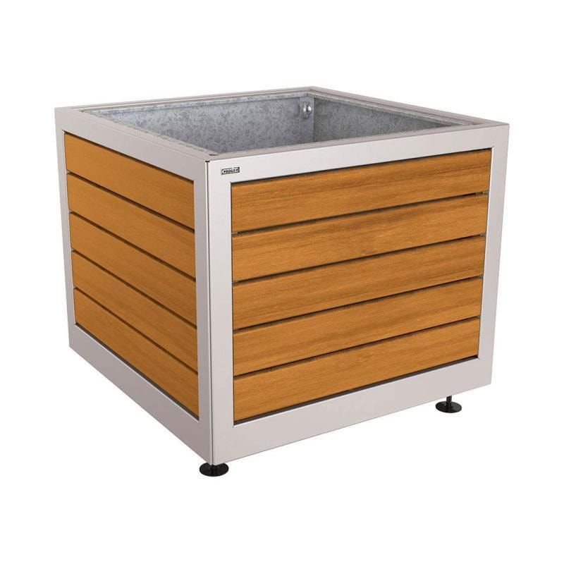 Pflanzbehälter, Stahl und Holz, verstellbare Füße, Innenverkleidung feuerverzinkt, 800 x 1.000 x 1.000 mm (HxBxT), Farbe enzianblau