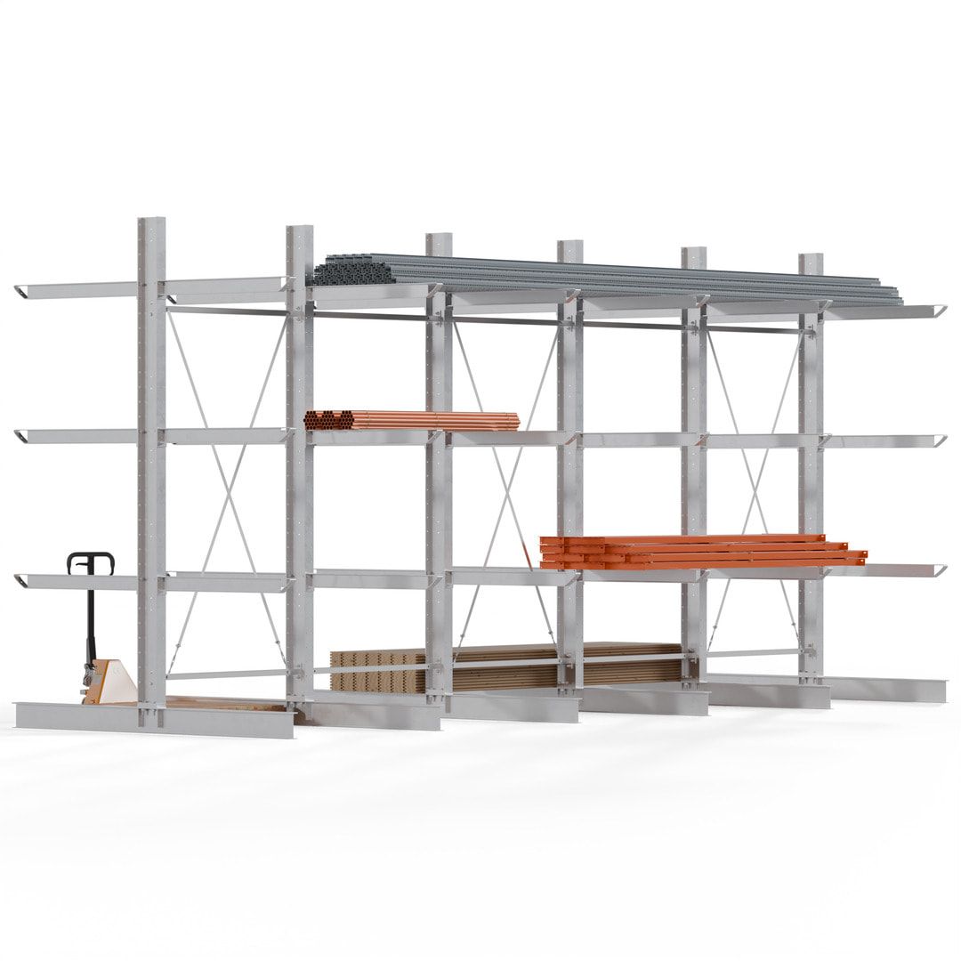 Doppelseitiges Kragarmregal feuerverzinkt, Schwerlastregal für außen - 2 Felder - 3.500 x 3.000 x 2.580 mm (HxBxT) - 800 kg - KARL heavy