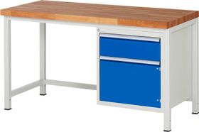 Werkbank, 1 Schrank - 1 Schublade - Teilauszug - 180:1 - Höhe 840-1.040 mm - 1.500 x 700 mm - 1.250 kg - Buche - Farbe wählbar