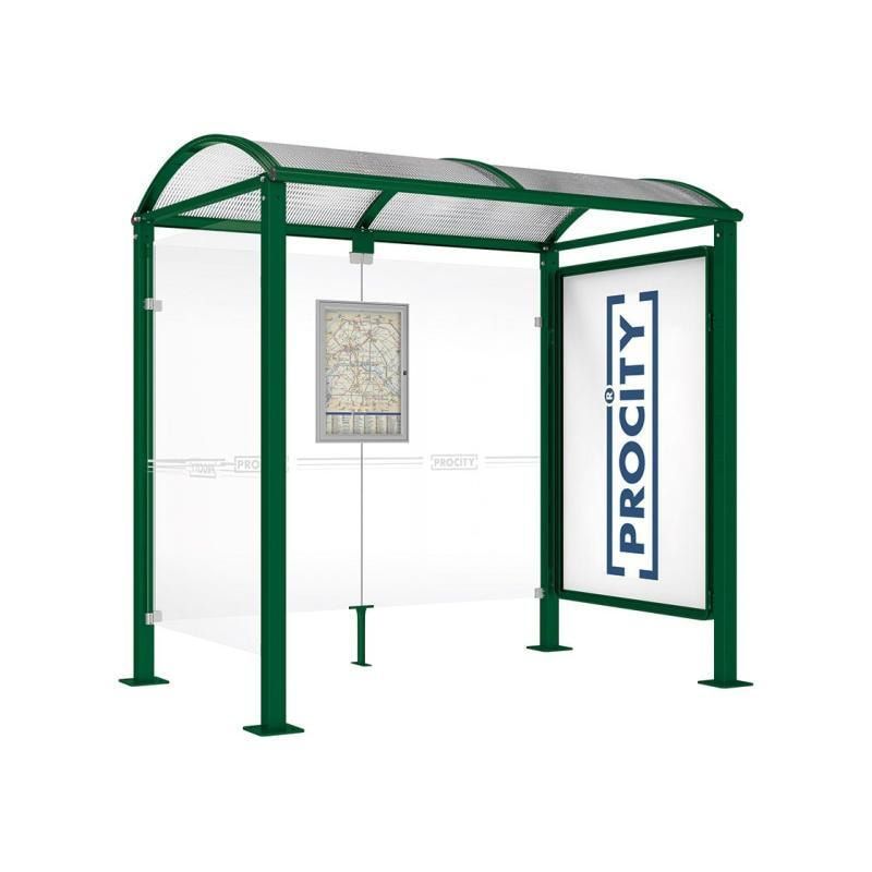 Buswartehalle, Unterstand, 1 Seitenwand, Schaukasten, feuerverzinkt, 2.500 x 2.500 x 1.600 mm (HxBxT), ESG, Fahrplanschaukasten, Farbe enzianblau