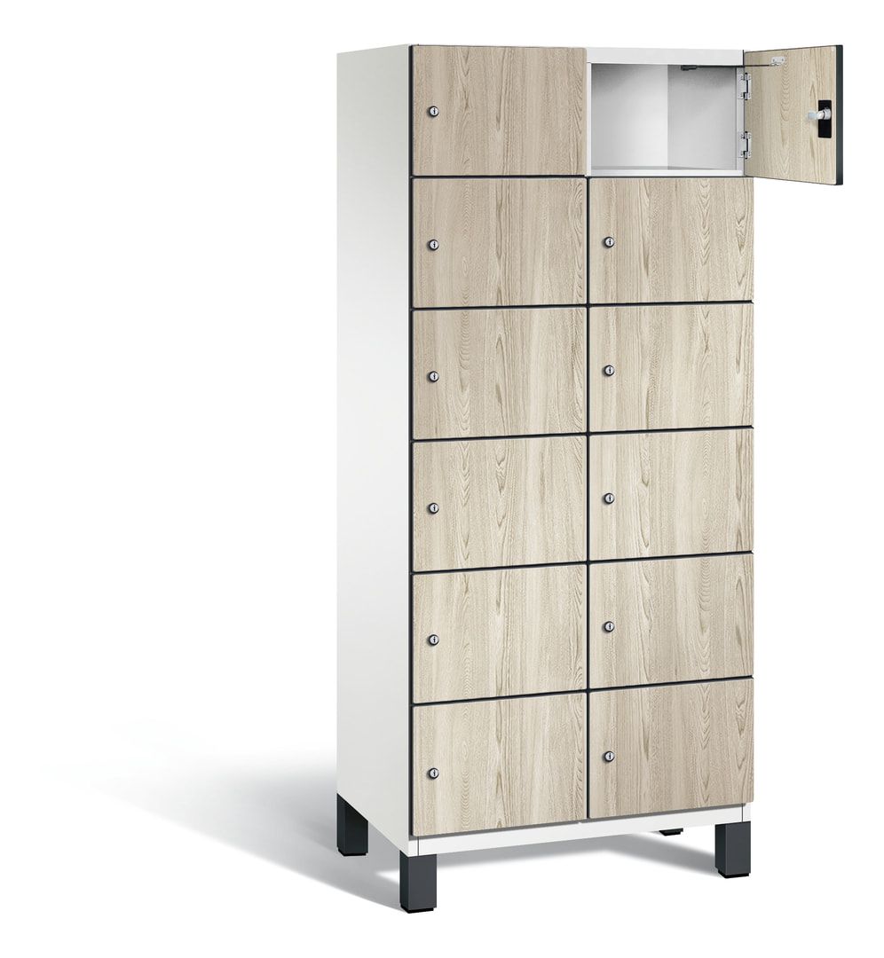 Fächerschrank, Stahlschrank, 12 Fächer, Türöffnungsbegrenzer, Füße, 1.980 x 800 x 525 mm, Korpus anthrazitgrau, Dekorfront HPL Donau-Ahorn