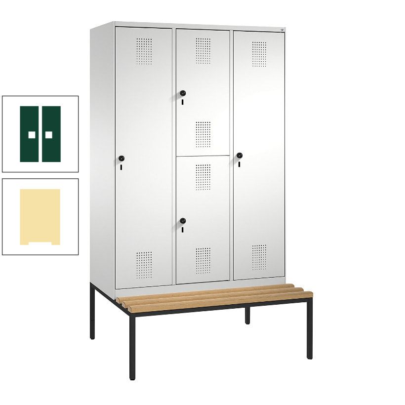 Garderobenschrank, Spind ein- und doppelstöckig Sitzbank, 3 Abteile, 4 Fächer, 2.090x1.200x500 mm (HxBxT), Front anthrazitgrau, Korpus anthrazitgrau