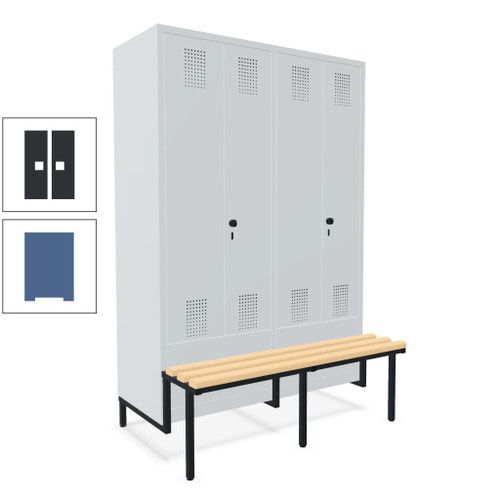 Doppel-Spind, Garderobenschrank, Buche Sitzbank integriert, 4 Abteile 300 mm, Korpus anthrazitgrau, Tür anthrazitgrau, 1.850 x 1.200 x 815 mm (HxBxT)