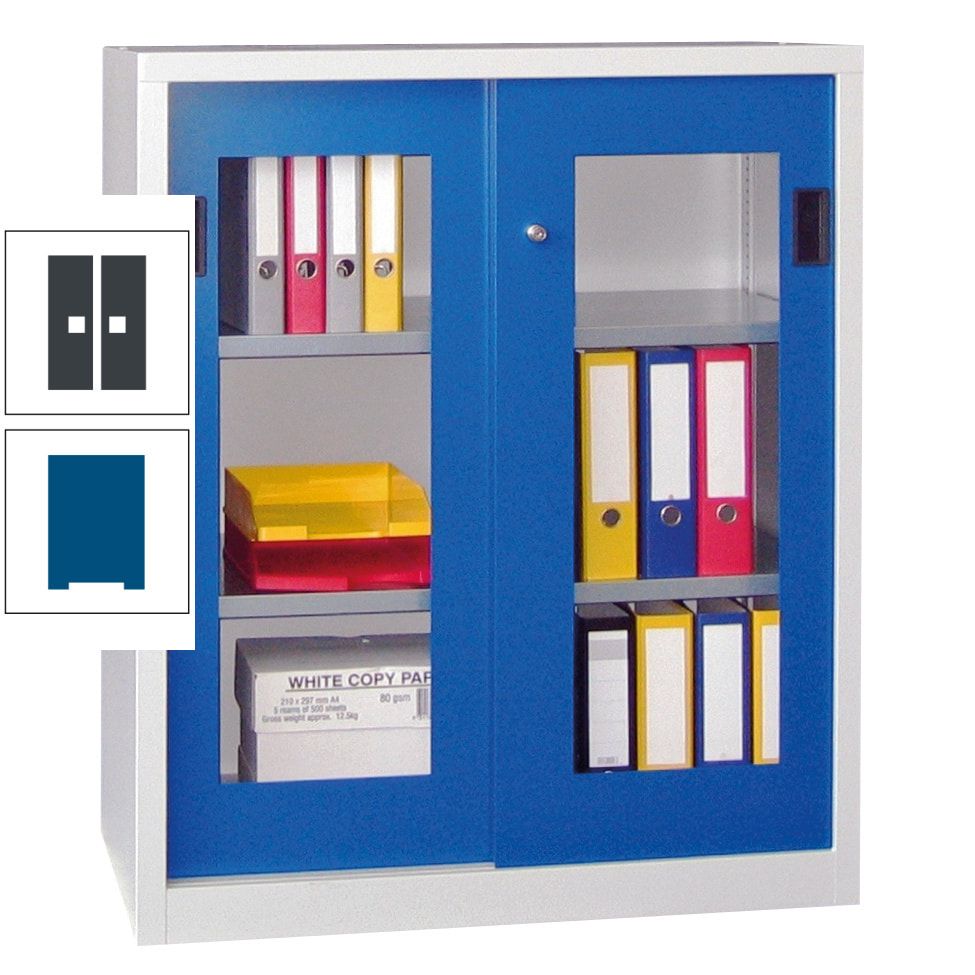 Schiebetürenschrank - Sichtfenstertüren - 1.000x1.000x400 mm (HxBxT) - 2 Böden, gepulvert - Zylinderschloss - anthrazitgrau