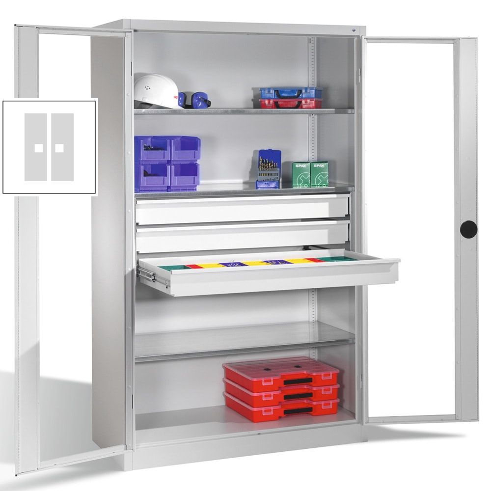 C+P Großraum Werkzeugschrank mit Sichtfenstertüren, 3 Fachböden, 3 Schubladen mittig, Farbe lichtgrau, 1.950 x 1.200 x 500 (HxBxT)