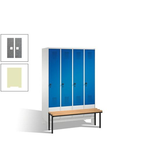 Stahl-Garderobenschrank, Spind, Buche Sitzbank vorgebaut, 4 Abteile a 300 mm, Korpus Lichtgrün, Tür Schwefelgelb, 1.850 x 1.200 x 815 mm (HxBxT)