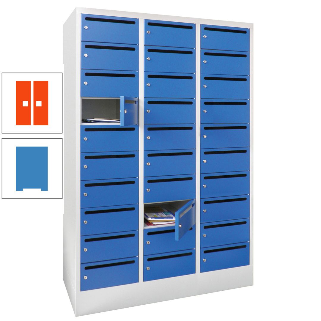 Postverteilerschrank, Schließfachschrank, 3 Abteile a 300 mm, 30 Fächer, 1.850 x 900 x 500 mm (HxBxT), Korpus anthrazitgrau, Front anthrazitgrau