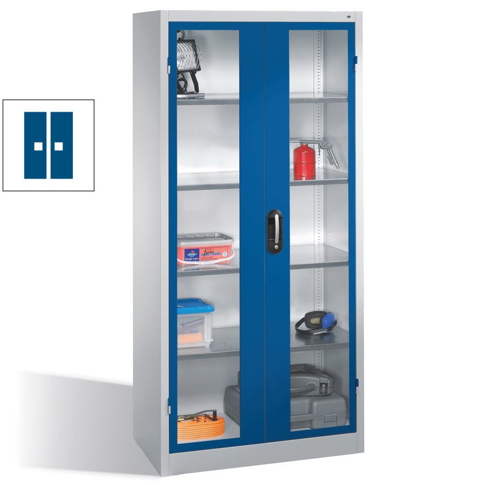 C+P Großraum Werkzeugschrank, Materiallager, Stahlschrank mit Sichtfenstertüren, 4 Fachböden, Farbe lichtgrau, 1.950 x 930 x 500 (HxBxT)