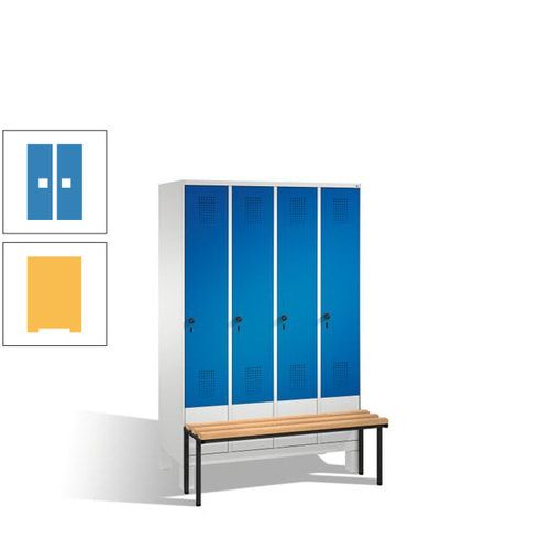 Stahl-Garderobenschrank, Spind, Buche Sitzbank vorgebaut, 4 Abteile a 300 mm, Korpus Lichtgrün, Tür Schwefelgelb, 1.850 x 1.200 x 815 mm (HxBxT)